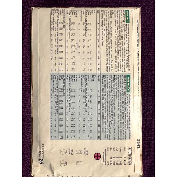 butterick sewing pattern 3543 vest pants shirt size 12 14 16 - Picture 3 of 6